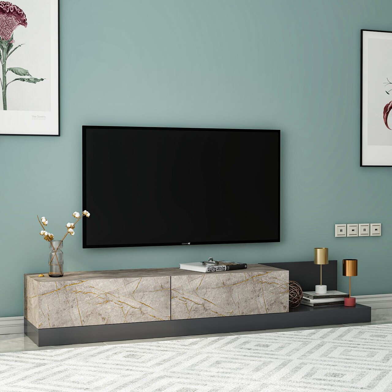 Comoda TV, Hanah Home, Major, 180x30x37 cm, PAL, Marmură Gordion / Antracit — imaginea 3