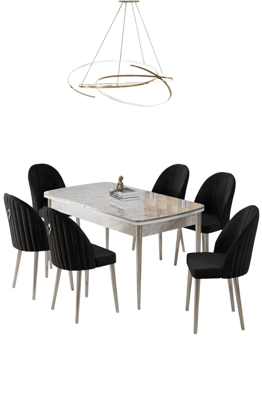 Set masa extensibila si scaune (7 piese), Hanah Home, Rada, Model de marmură albă / Crom / Negru — imaginea 2