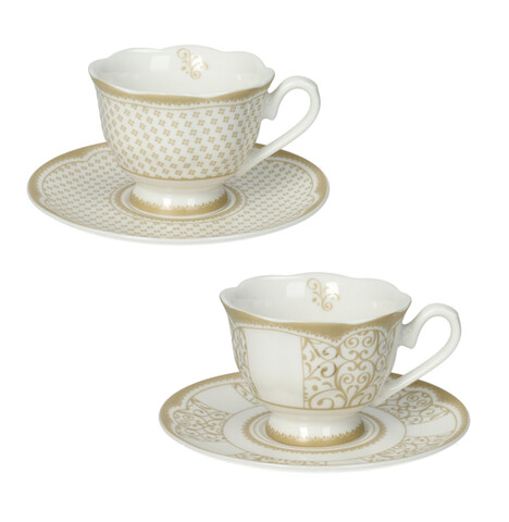 Set 2 cesti cu farfurie pentru cafea, Golden Eye v1, Brandani, D11.5x6 cm, portelan New Bone China