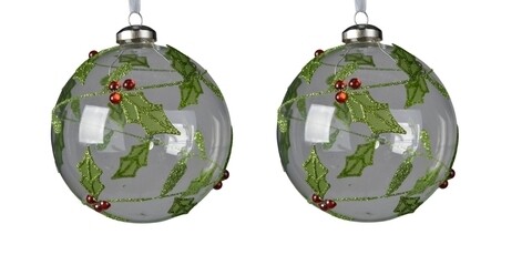 Set 2 globuri Bauble w glitter holly, Decoris, Ø10 cm, sticla, multicolor
