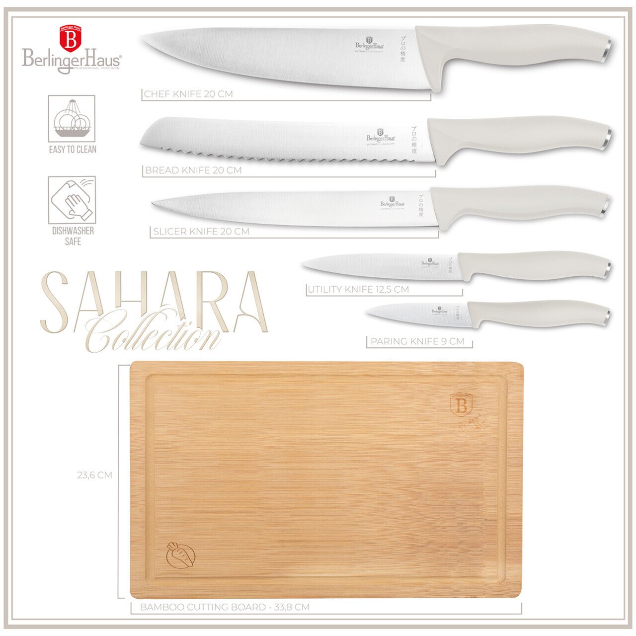 Set 5 cutite cu tocator Berlinger Haus, Sahara, inox/bambus, crem mat/natur - imagine 6