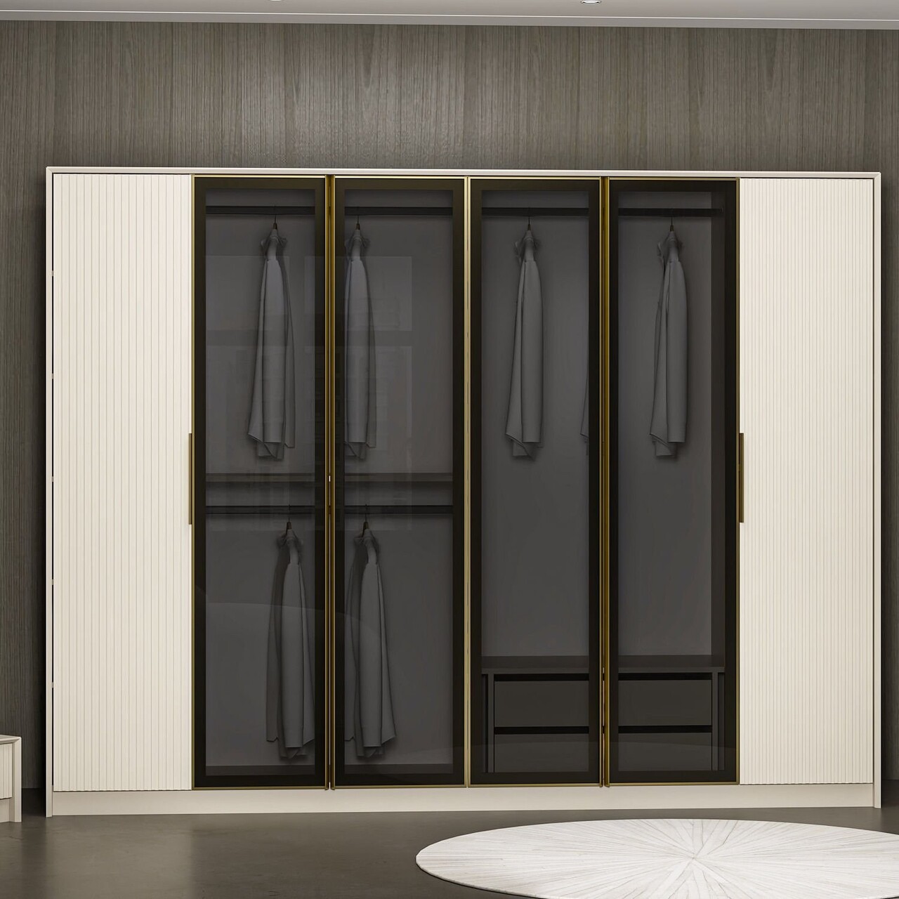 Dulap pentru haine, Minerva, Luxe, 274x210x52 cm, PAL, Alb / Auriu / Fum - 1 | YEO