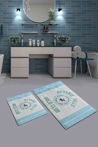 Set 2 covorase de baie Blue Line DJT, Beverly Hills Polo Club, 60x100 cm/50x60 cm, catifea, albastru