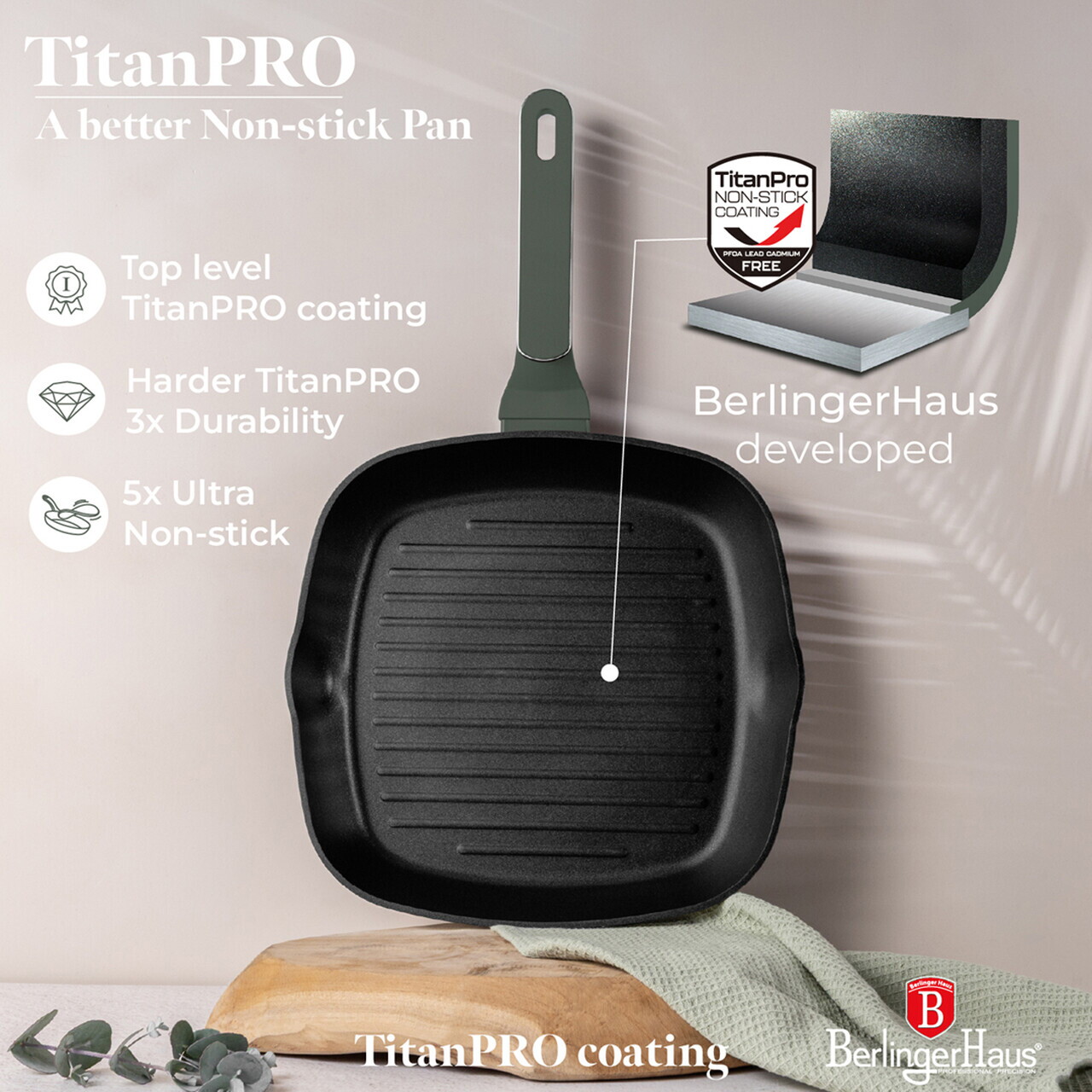 Tigaie grill Berlinger Haus, Matte Green, 28 cm, 2.1 L, aluminiu forjat, verde mat - imagine 8
