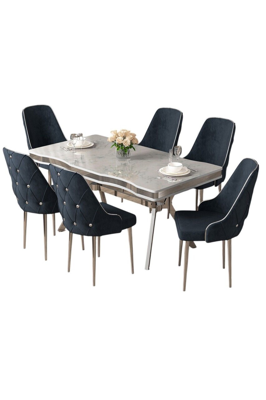 Set masa si scaune (7 piese), Hanah Home, Vae, Model de marmură albă / Crom / Antracit — imaginea 2