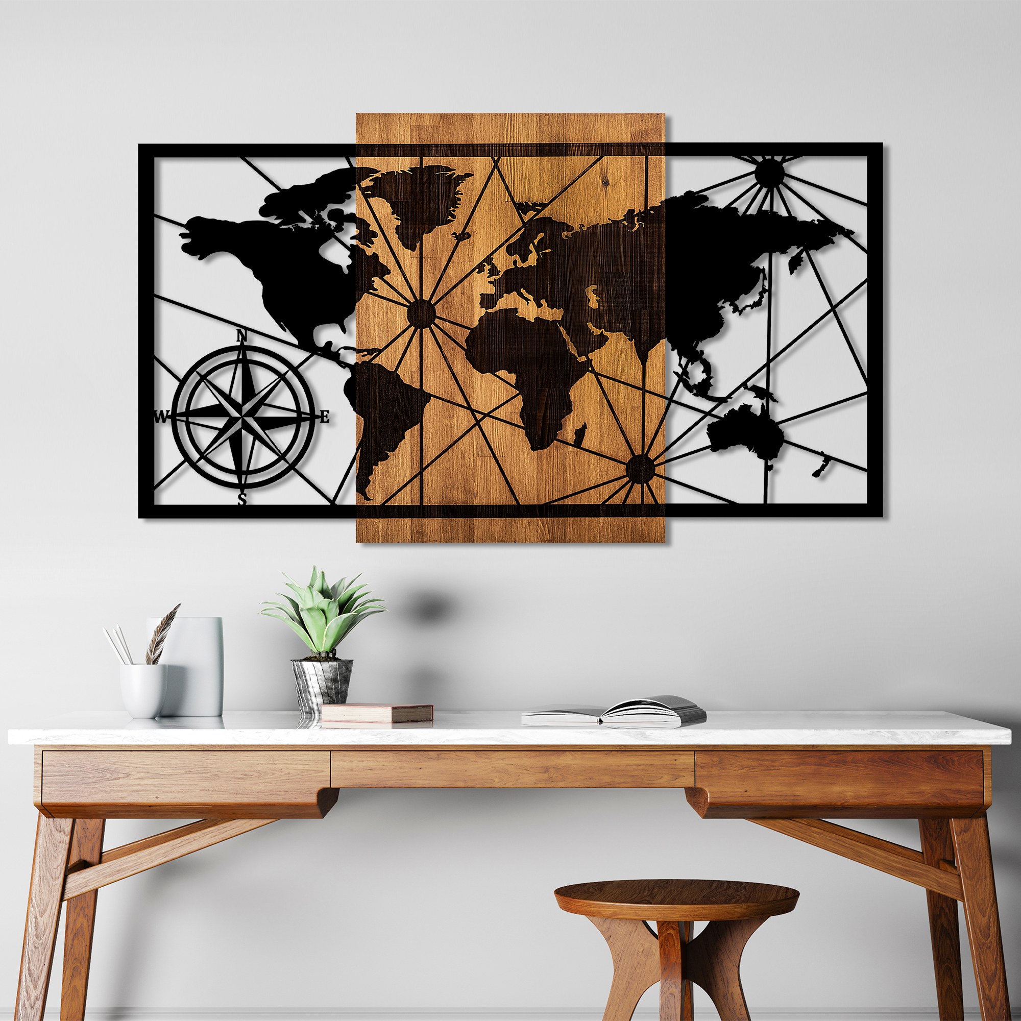 Decoratiune de perete, World Map 3-L, Dimensiune: 70 x 120 cm, Nuc / Negru