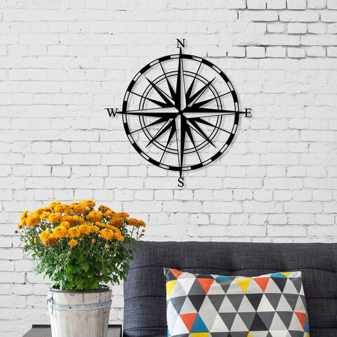 Decoratiune de perete, compass, metal, dimensiune: 45 x 45 cm, negru