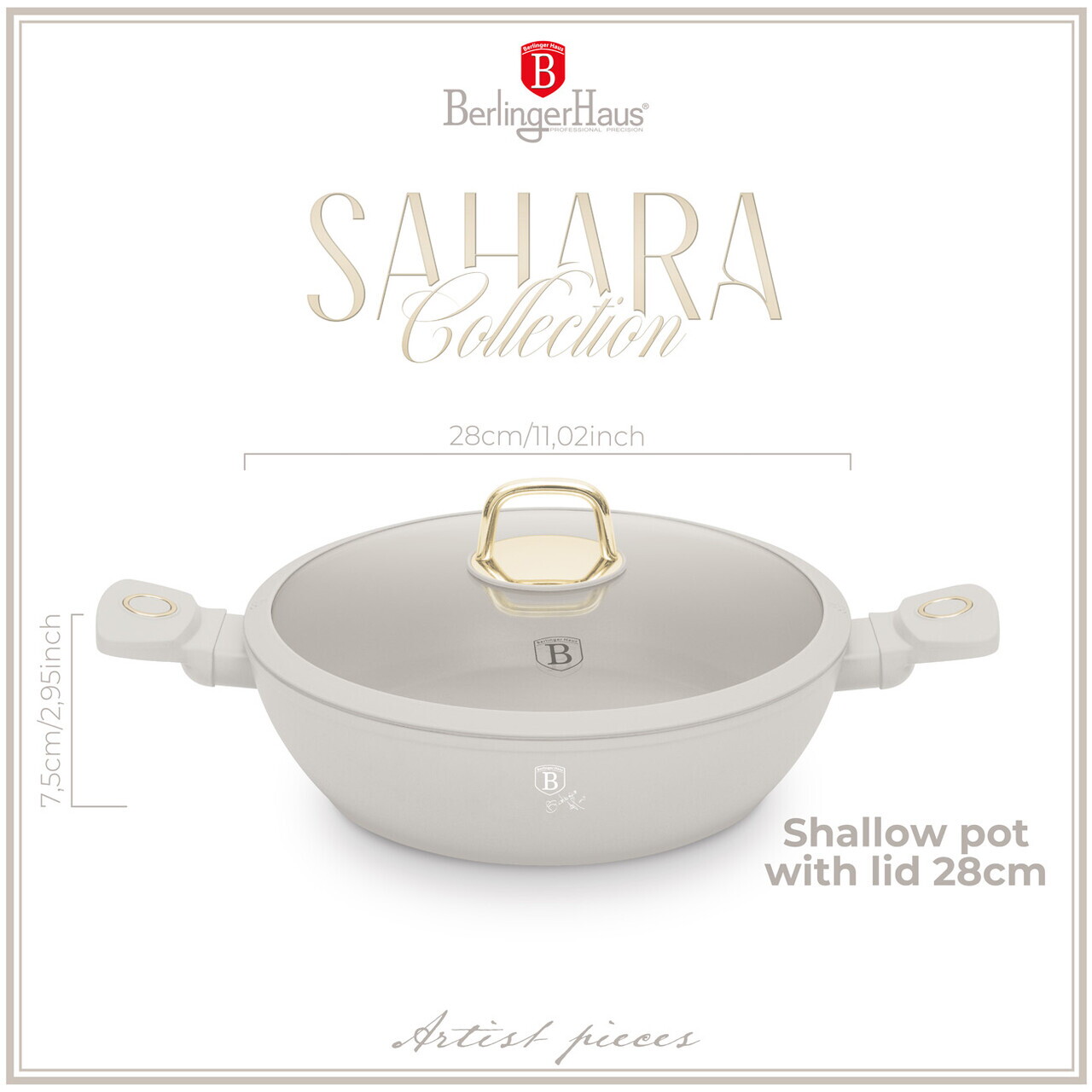Oala cu capac Berlinger Haus, Sahara, 28 cm, 3.8 L, aluminiu forjat, crem mat - imagine 8