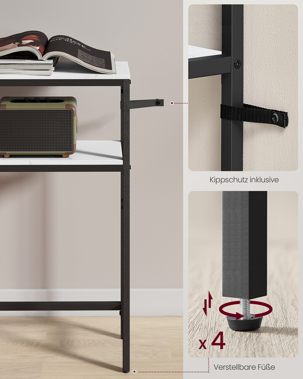 Consola cu 2 rafturi, Vasagle, 80x20x80 cm, PAL/otel, alb marmura/negru - imagine 5