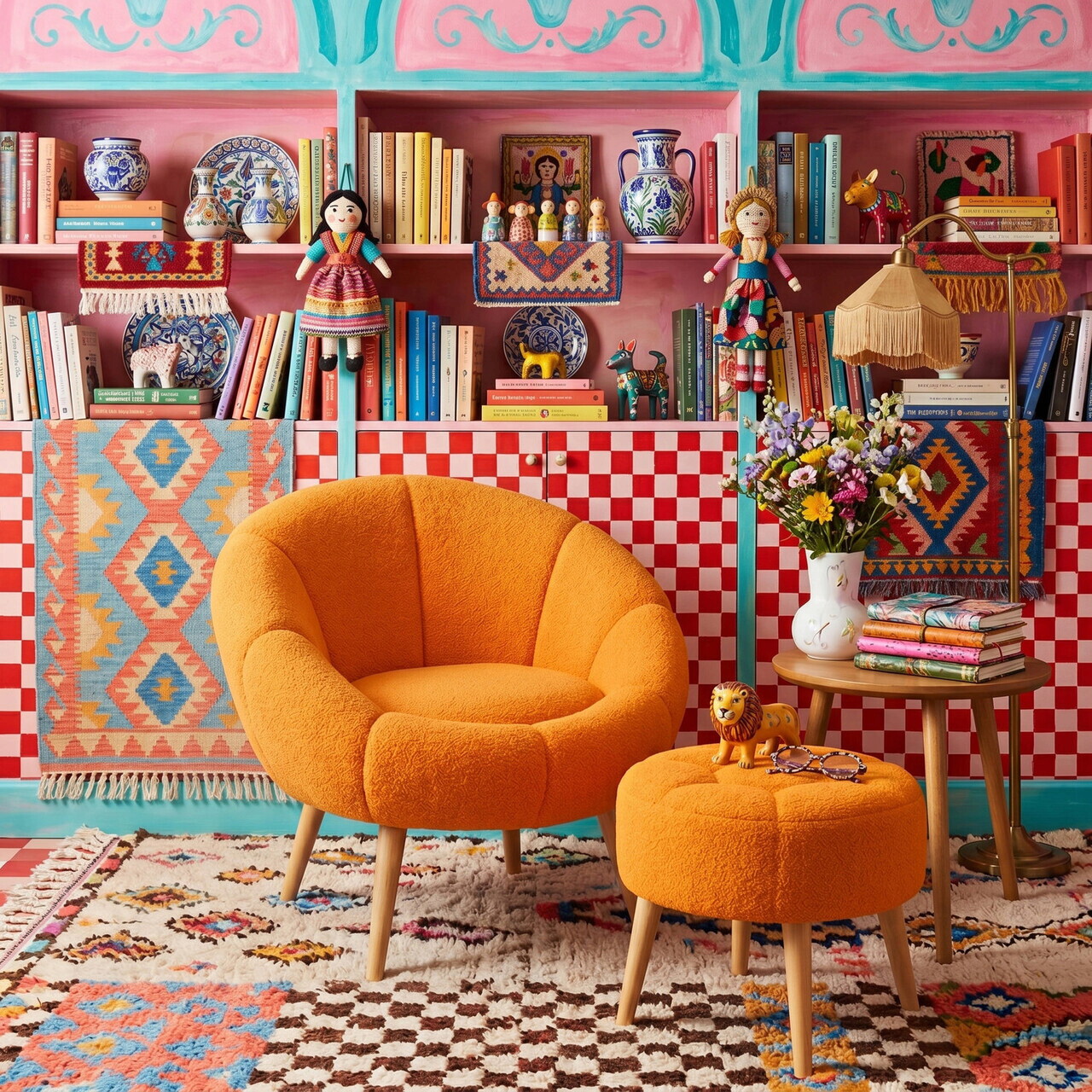 Set fotoliu cu aripioare și puf (2 piese), Atelier del Sofa, 666HAC5105, PAL, Portocaliu