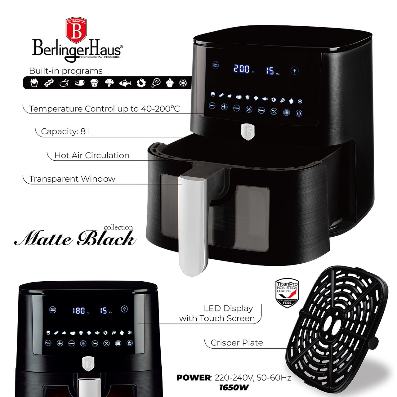 Friteuza cu aer cald si fereastra Berlinger Haus, Matte Black, 38.8x30x32.4 cm, 8 L, 1650W, negru mat - imagine 9