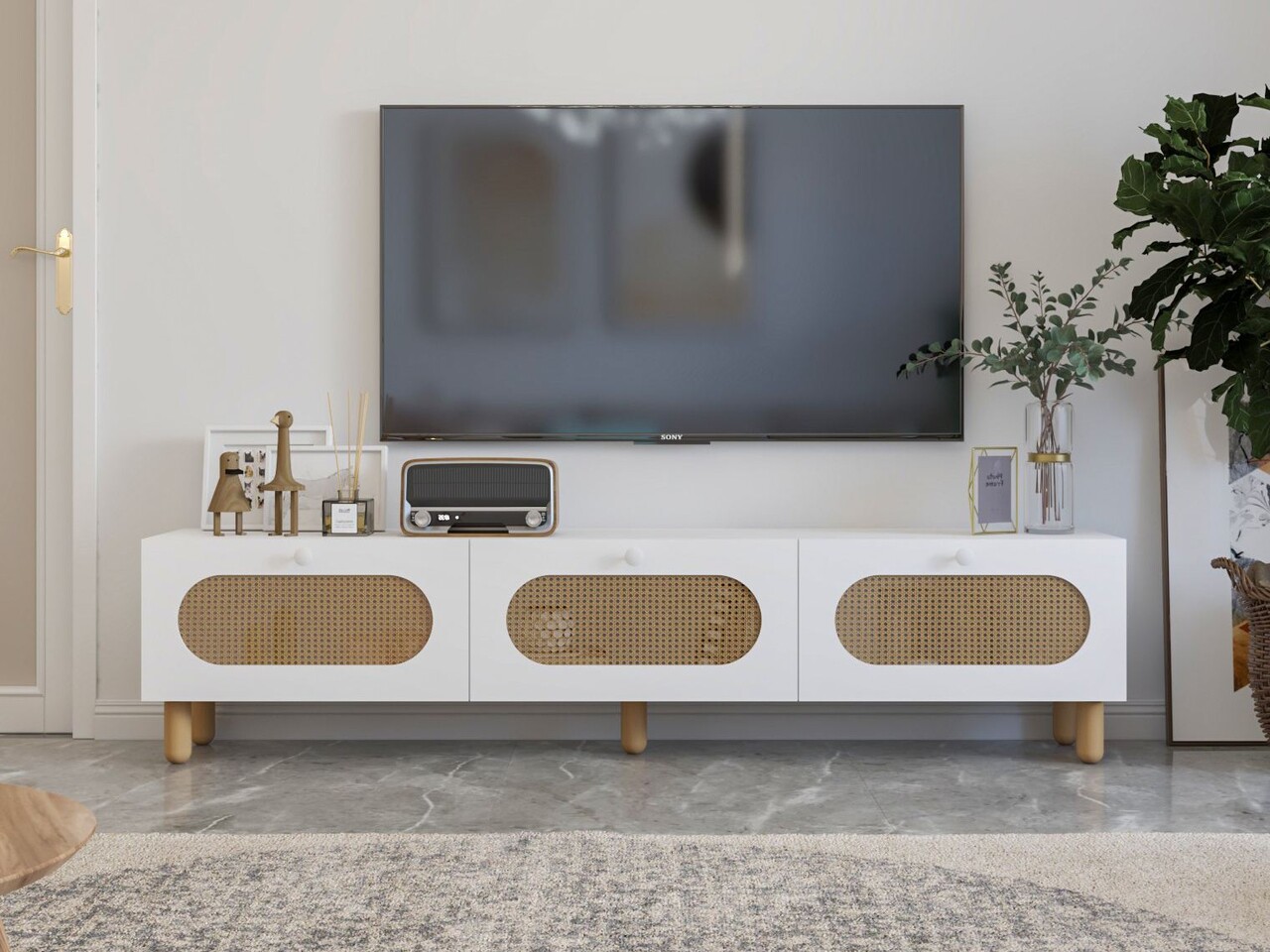 Comoda TV, Odessa, Elena, 180x42.6x31.4 cm, Alb / Ratan