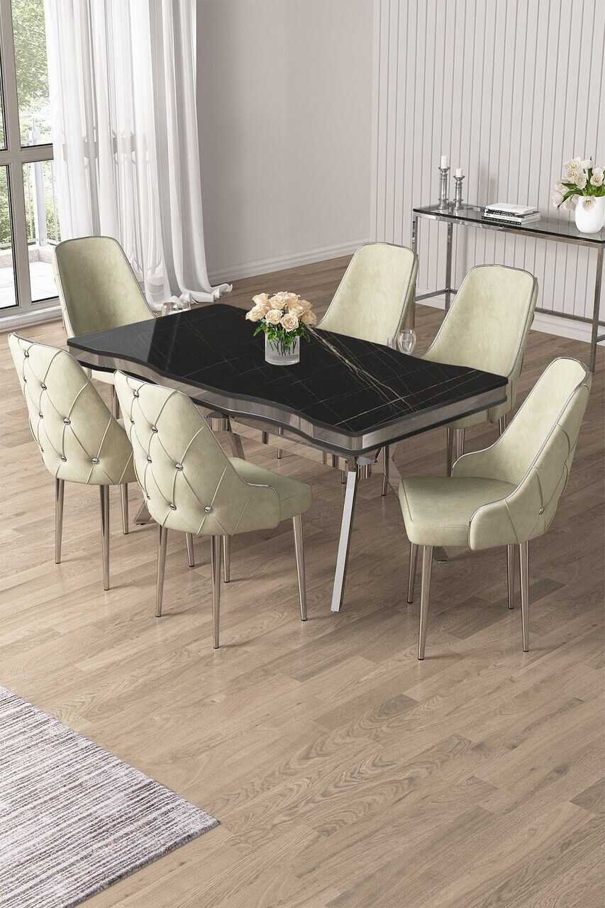 Set masa si scaune (7 piese), Hanah Home, Vae, Sonata / Crom / Cremă