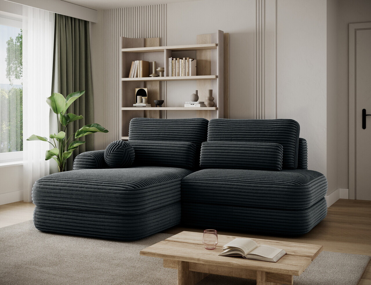 Coltar extensibil stanga 3 locuri ELTAP, Ripeli, 217x175x96 cm, lemn/catifea din poliester, verde inchis — imaginea 2