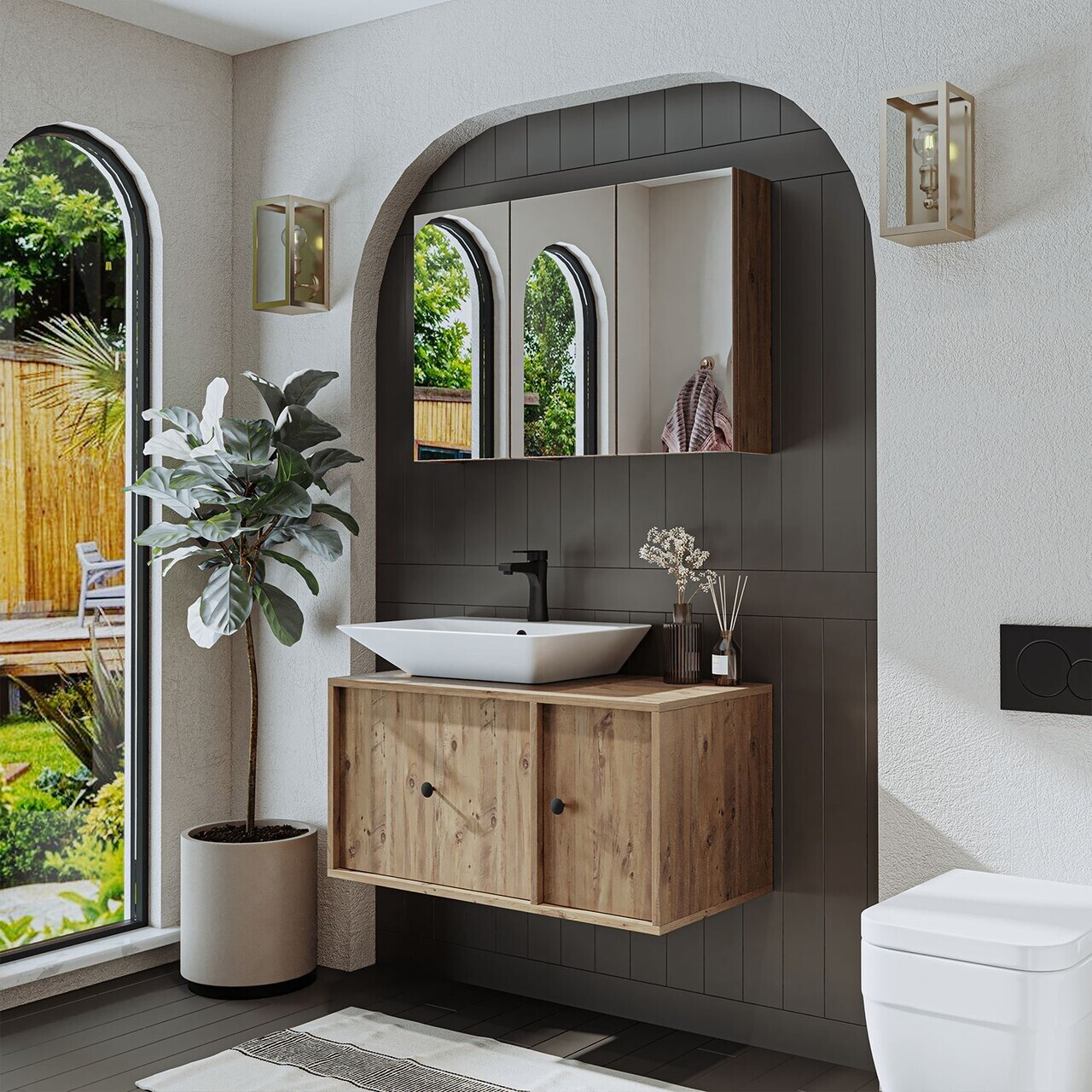 Set Dulap de Baie cu Chiuvetă și Oglindă (2 Piese), Hanah Home, 2554, MDF, Maro