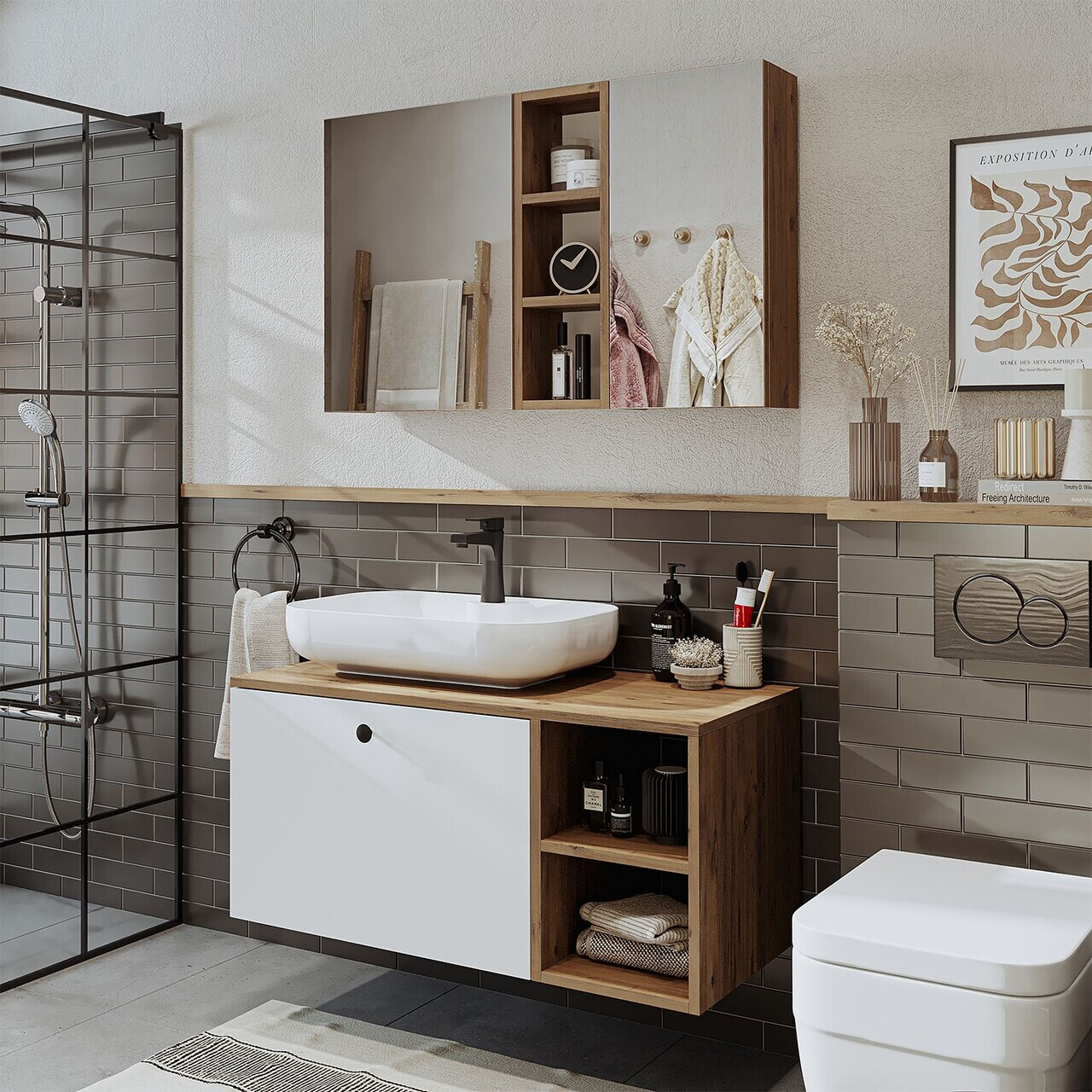 Set Dulap de Baie cu Chiuvetă și Oglindă (2 Piese), Hanah Home, 2520, MDF, Pin Atlantic / Alb