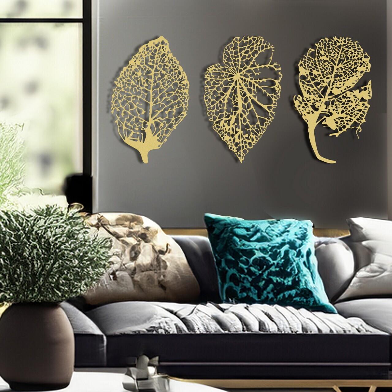 Set de accesorii decorative de perete din metal, RT-NMD-079, Dimensiune: 58,5 x 36 cm (3 bucăți), Auriu