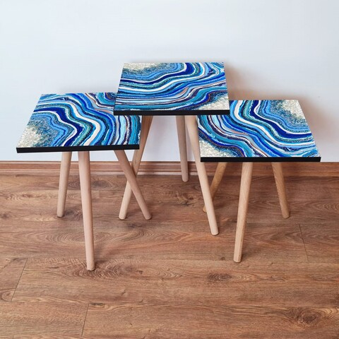Set masute 3 piese, Leona, 3Shp290, Bleumarin / Albastru / Alb / Mov