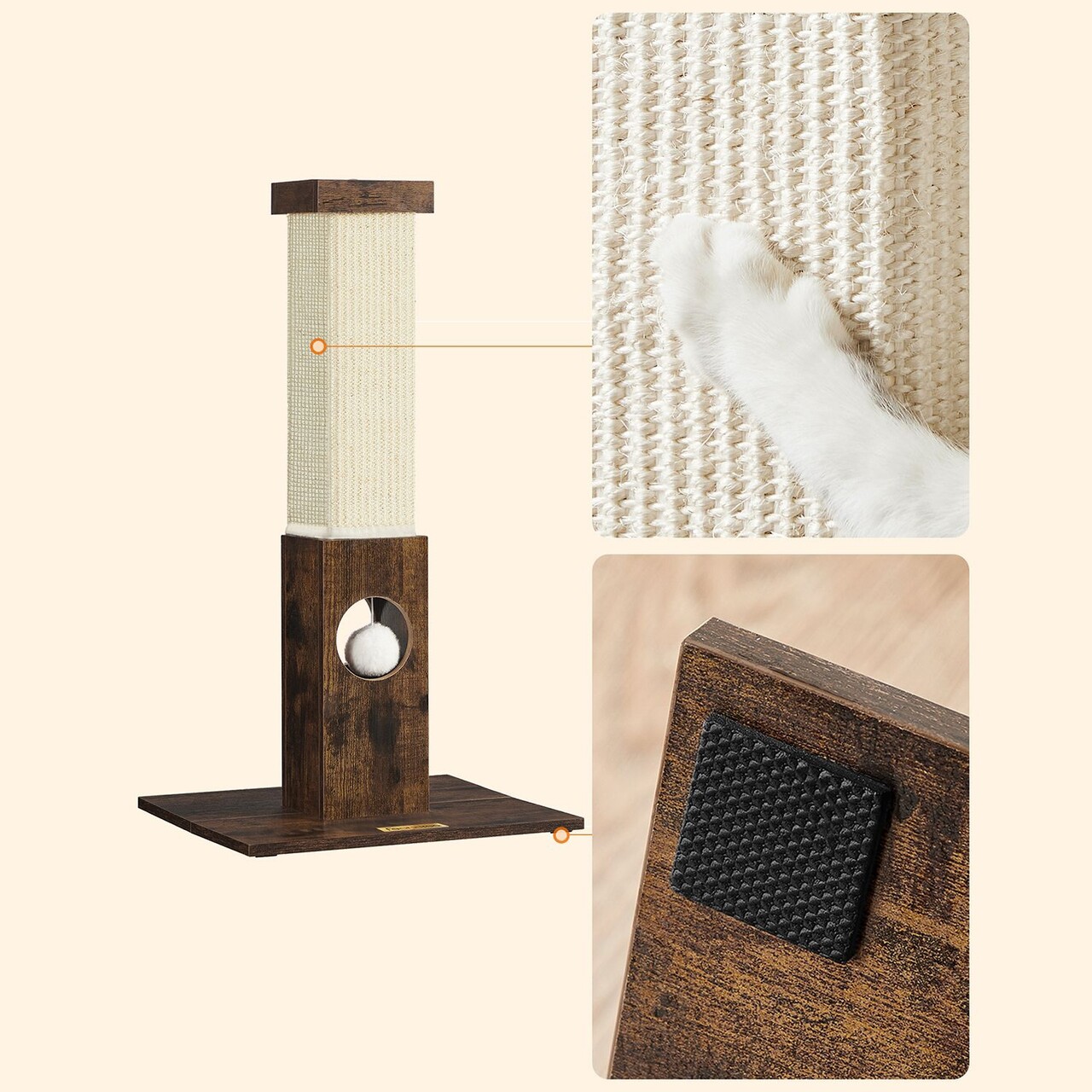 Stalp de zgariat pentru pisici, Feandrea, 38x38x73 cm, PAL/sisal, maro - 2 | YEO