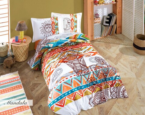 Lenjerie de pat pentru o persoana, 3 piese, 160x220 cm, 100% bumbac poplin, Hobby, Mandala, multicolor