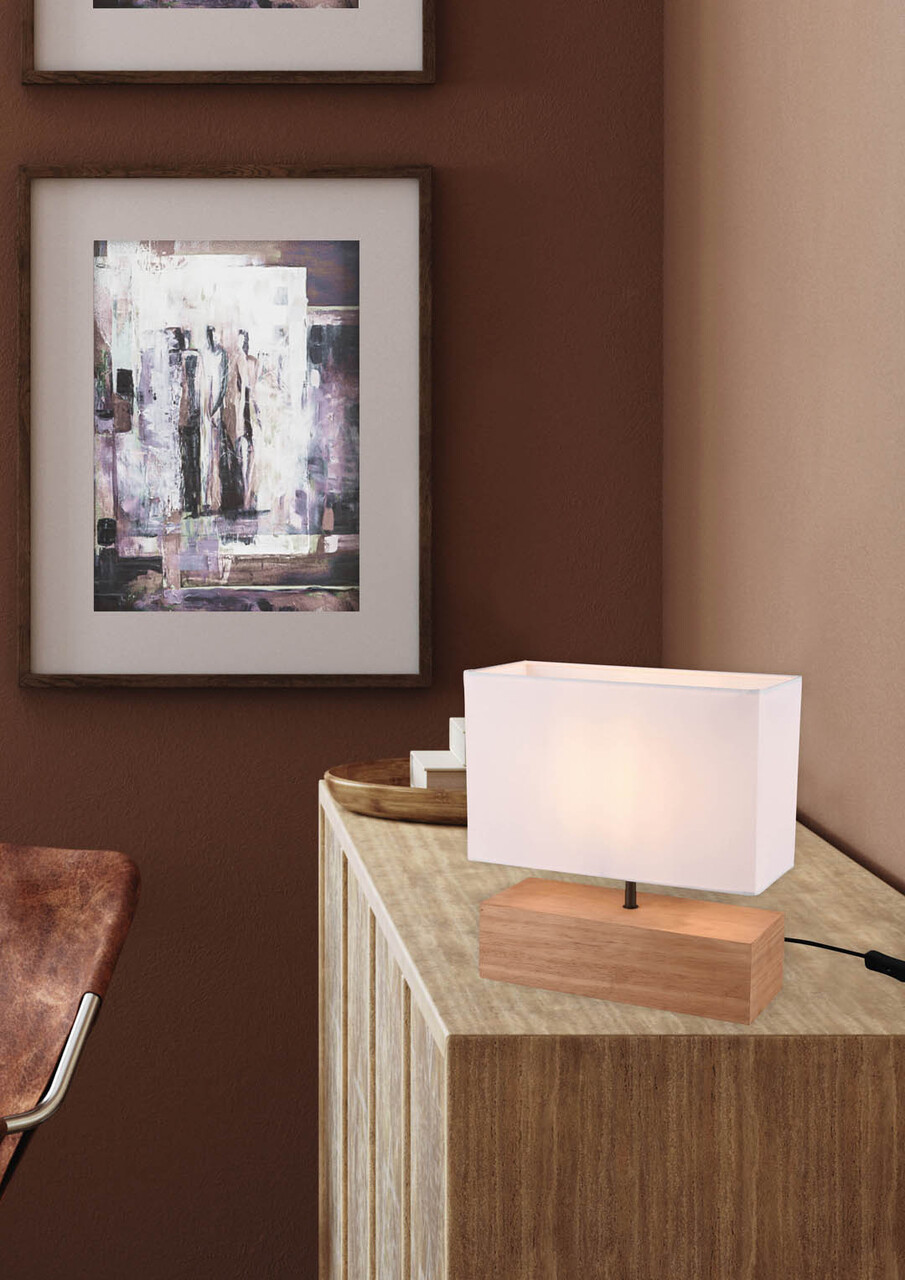 Lampa de masa Woody, RL, 30x12x30.5 cm, 60W, 1x E27, lemn/textil, alb/natur