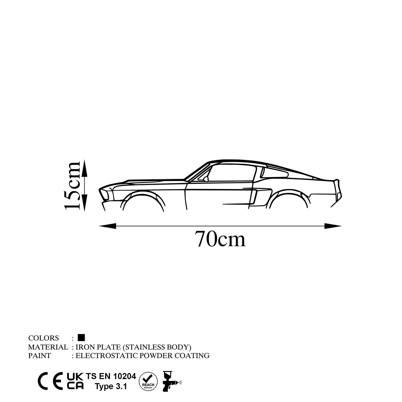 Decoratiune de perete, 1967 Ford Mustang Shelby GT500 Silhouette, Metal, 70 x 15 cm, Negru