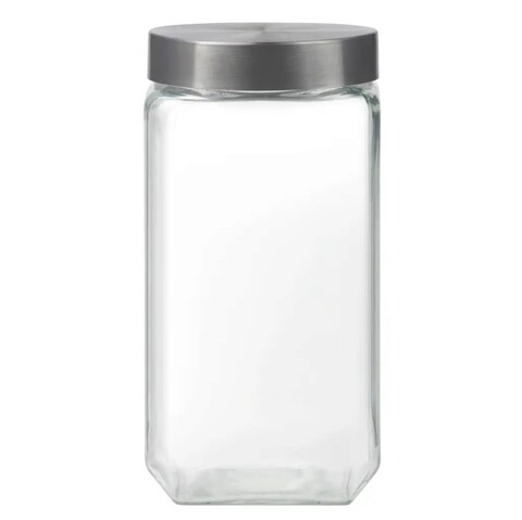 Recipient cu capac milos square, domotti, 11.4 x 22.5 cm, 2.2 l, sticla/inox, transparent/argintiu