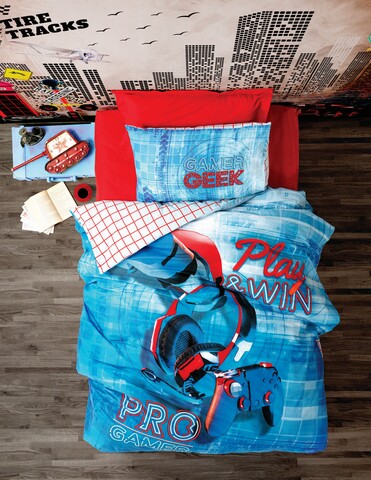 Lenjerie de pat pentru o persoana young, 3 piese, 160x220 cm, 100% bumbac ranforce, cotton box, game, albastru