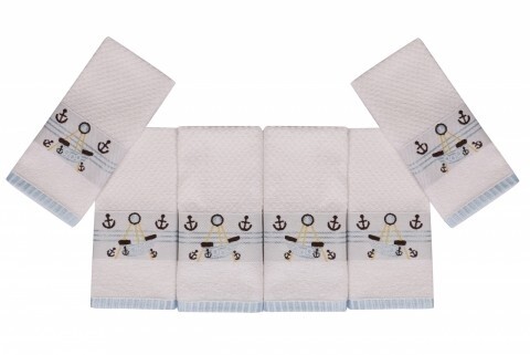 Set 6 prosoape 30x50 cm, 100% bumbac, Saheser,Bordürlü Beyaz  Çıpa ve Kayık