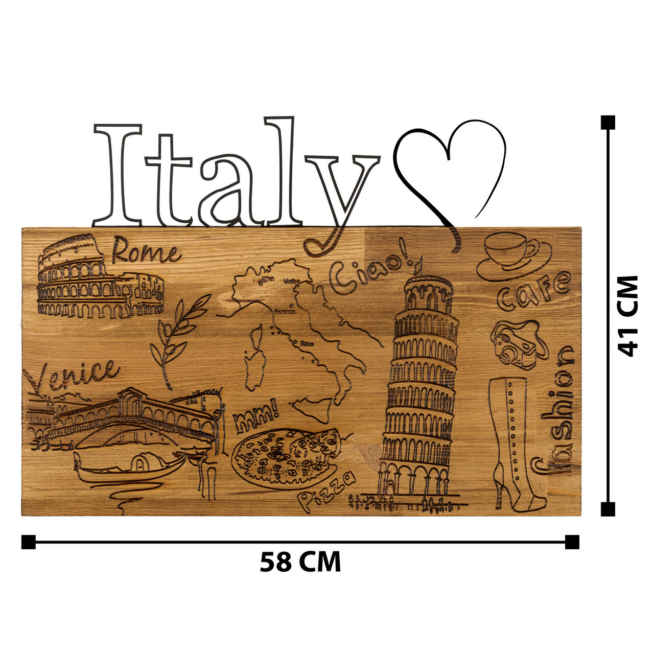 Decoratiune de perete, I Love You Italy, lemn/metal, 58 x 41 cm, negru/maro