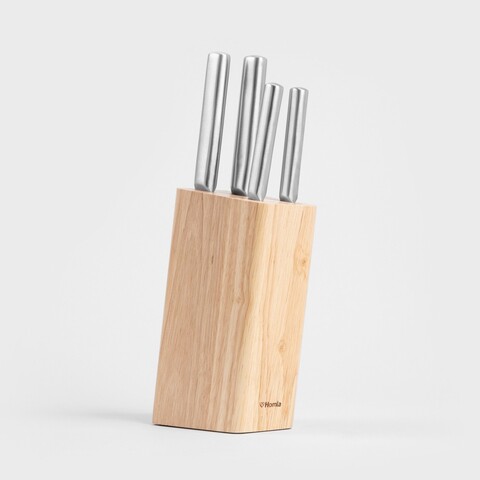 Set 5 cutite + suport Masterset, Homla, lemn/inox, natur/argintiu