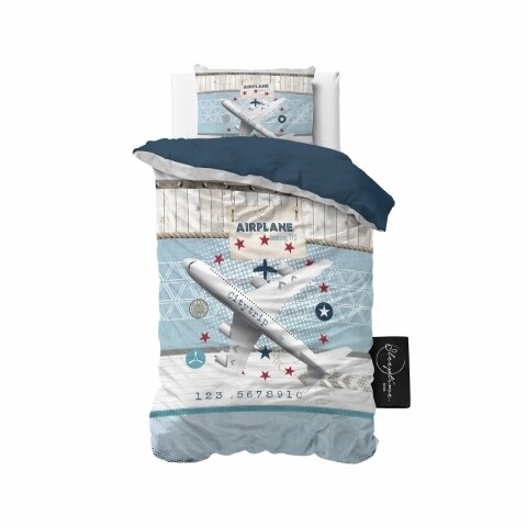 Lenjerie de pat pentru o persoana, Airplane 713 Blue, Royal Textile, 2 piese, 140 x 200 cm, 100% bumbac, multicolora