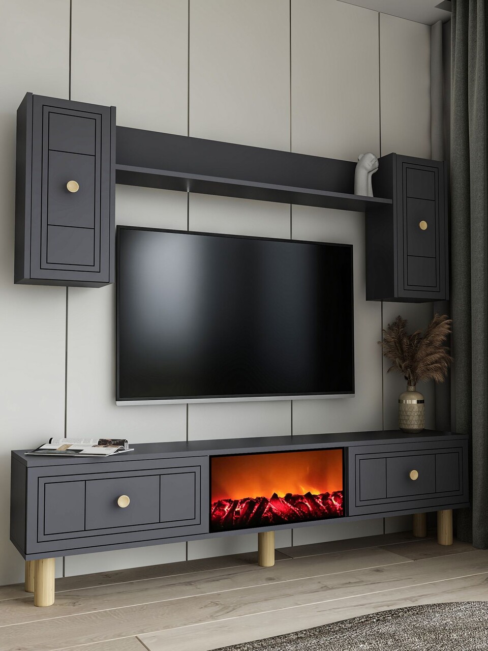 Comoda TV, Hanah Home, Dario Bohem Fireplace, 150x44.6x29.6 cm, PAL , Antracit - imagine 2