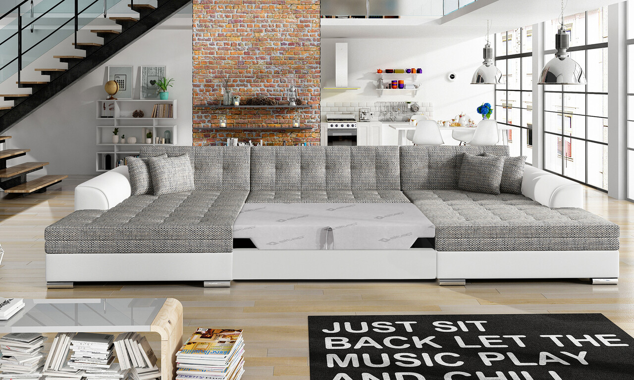 Coltar extensibil 5 locuri, ELTAP, Vento, 359x165x87 cm, lemn/poliester, gri/alb - 1 | YEO