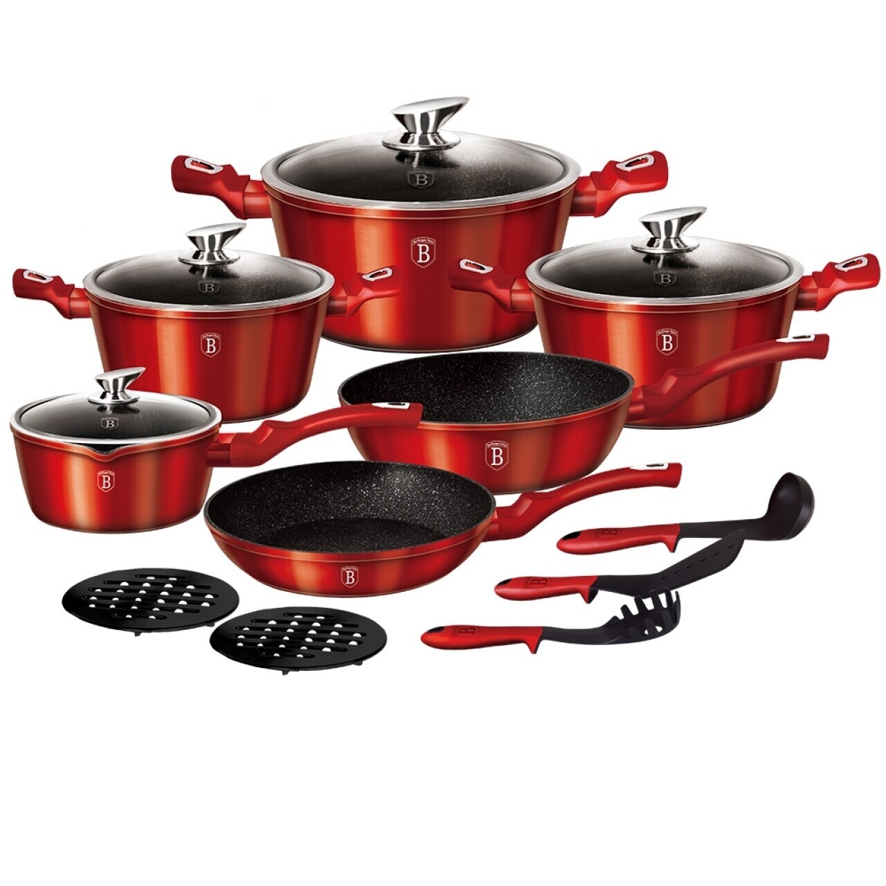Set oale și tigăi din aluminiu forjat și marmură, 15 piese, berlinger haus, burgundy