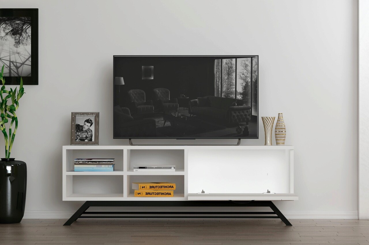Comoda TV, Coraline, Malibu, 150x53.6x35 Cm, Alb/Negru