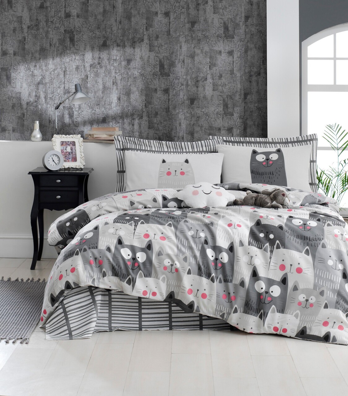 Lenjerie de pat dubla 3 piese, Duvarda Kediler, EnLora Home, 65% bumbac/35% poliester