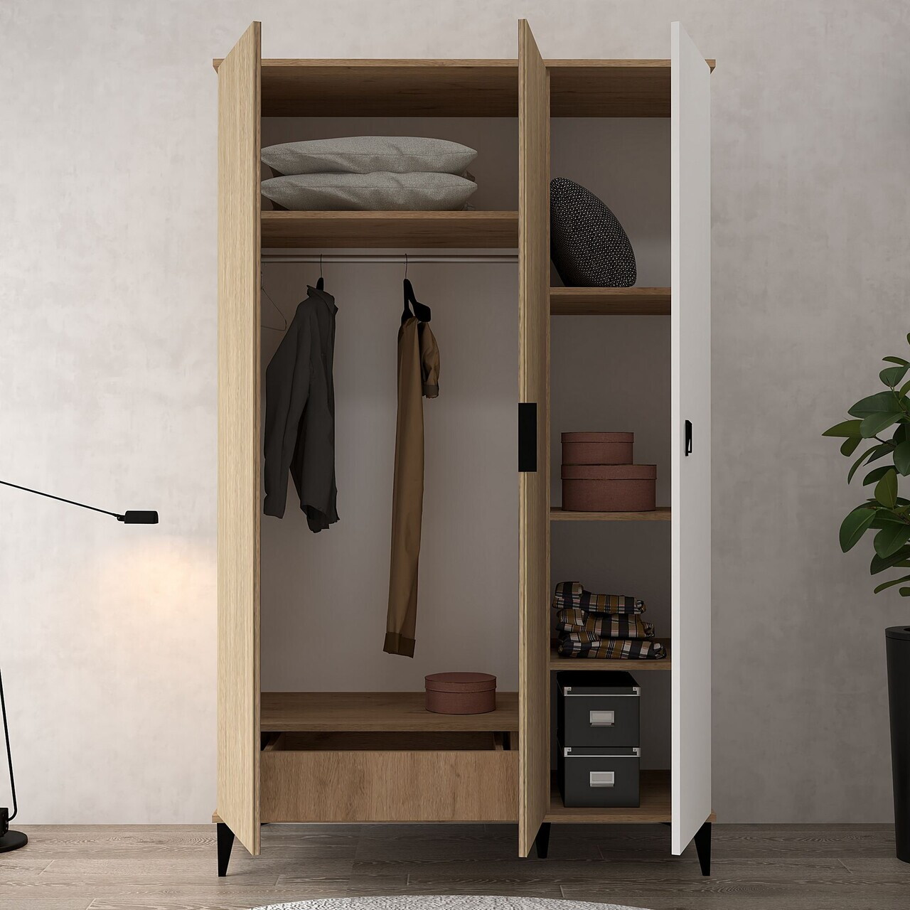 Dulap pentru haine, Hanah Home, Neva 6304, PAL, Stejar / Alb — imaginea 2