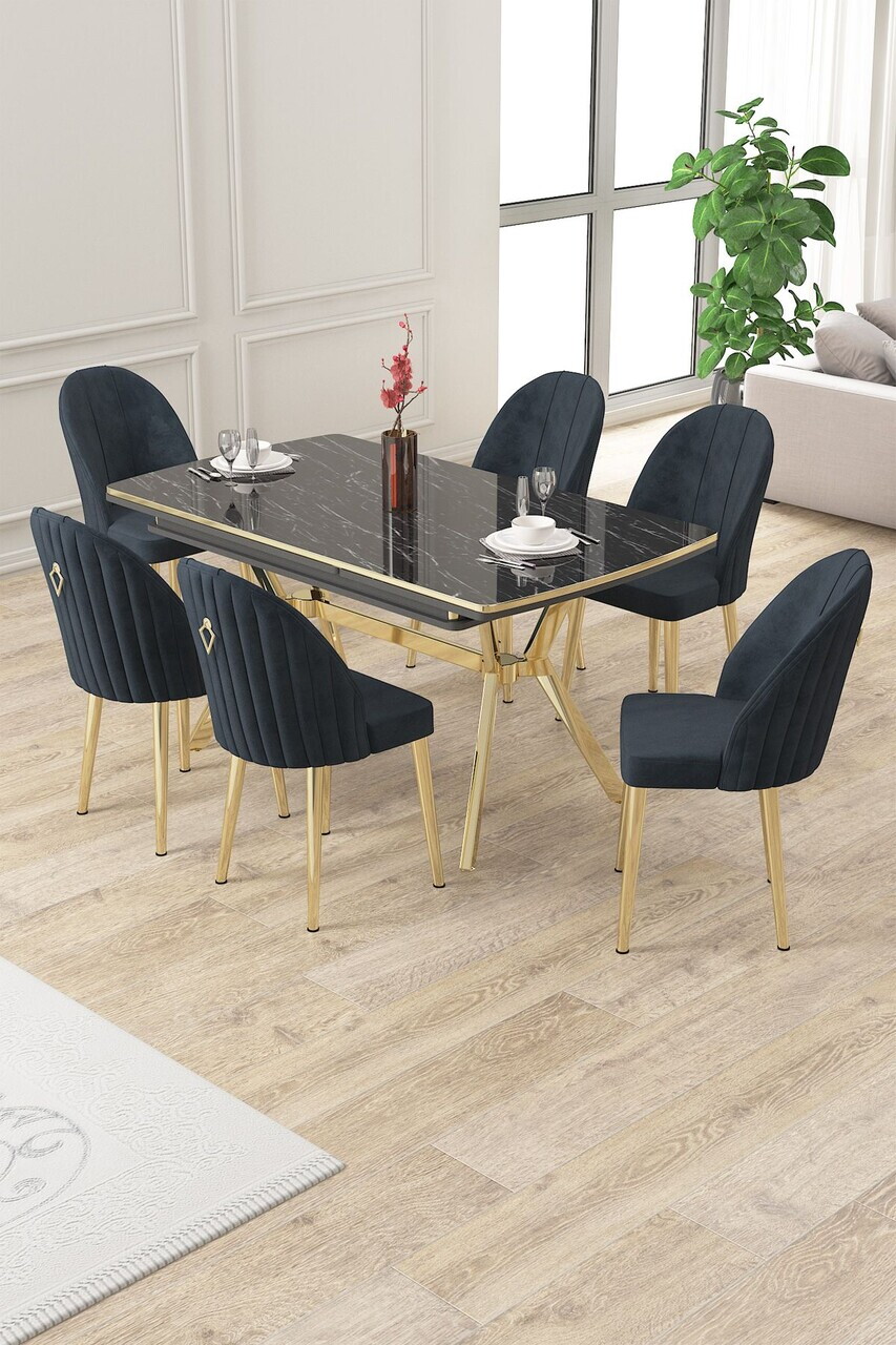 Set masa extensibila si scaune (7 piese), Hanah Home, Sim, Model de marmură neagră / Auriu / Antracit
