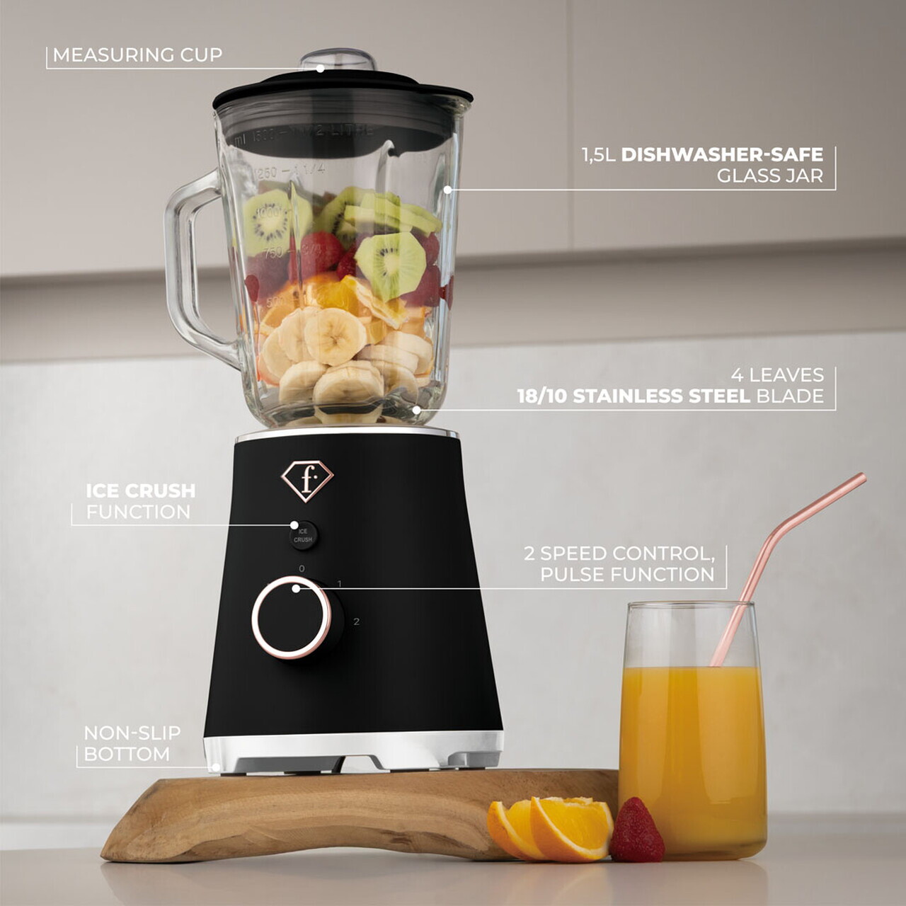 Blender de masa Fashion TV, Black Rose, 1.5L, 1000W, plastic/sticla, negru/transparent - view 12