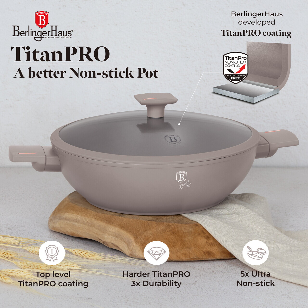 Tigaie Wok cu capac Berlinger Haus, Taupe, 30 cm, aluminiu forjat, taupe mat - imagine 7