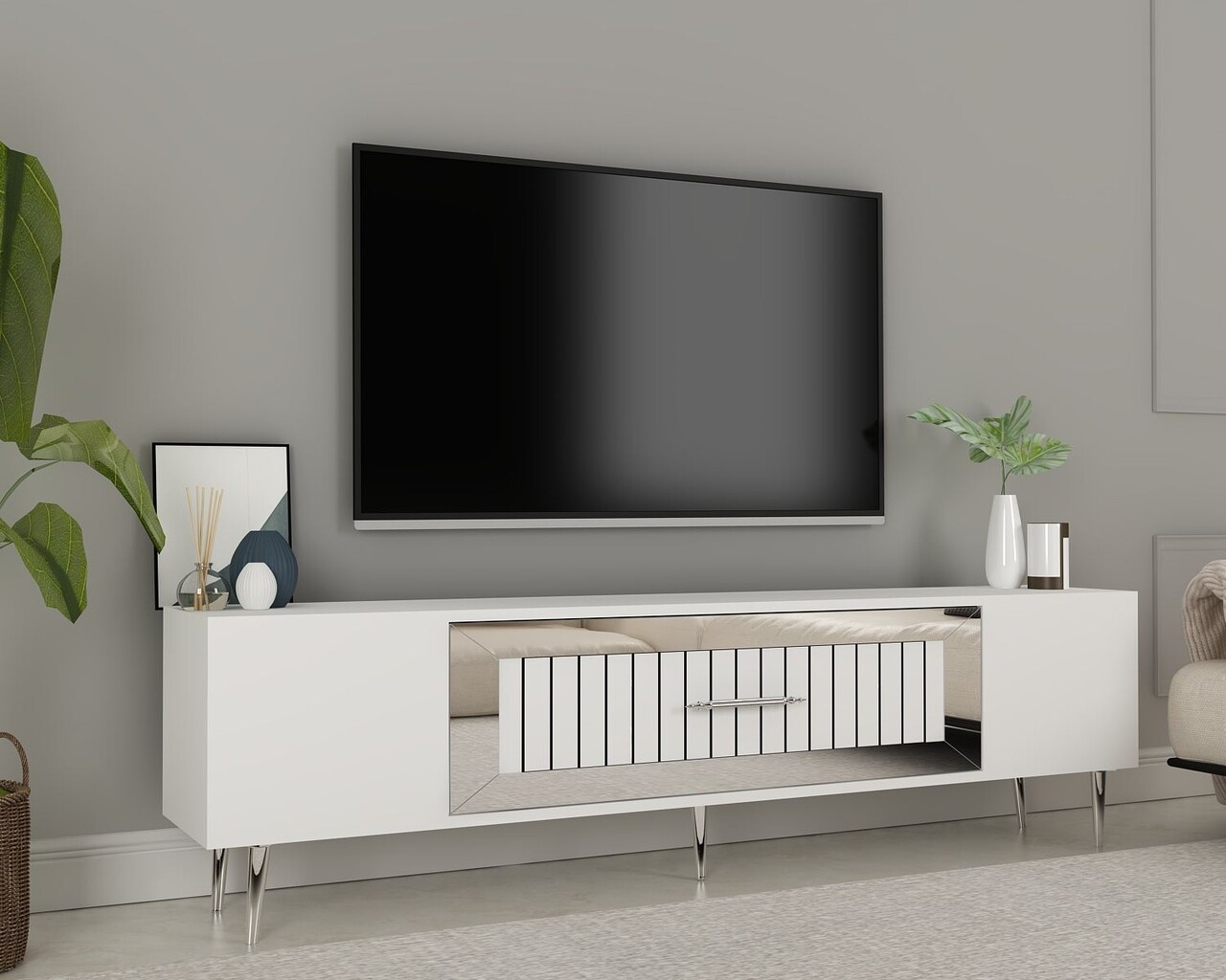 Comoda TV, Olivia, Dekolp3, Alb / Argintiu - 1 | YEO