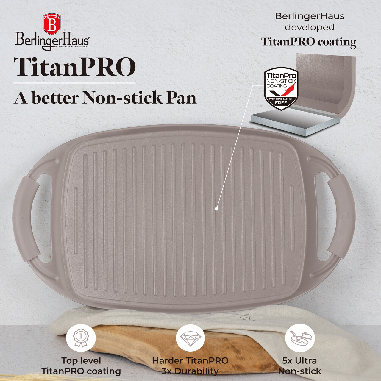 Tava grill Berlinger Haus, Taupe, 47x29 cm, aluminiu forjat, taupe mat - imagine 8