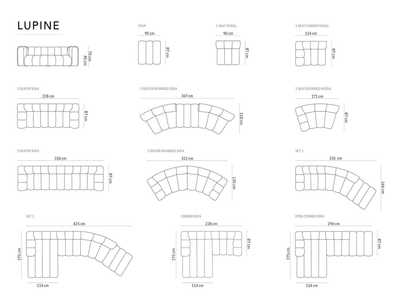 Canapea 5 locuri, Lupine, Micadoni Home, BL, 318x87x70 cm, poliester chenille, gri