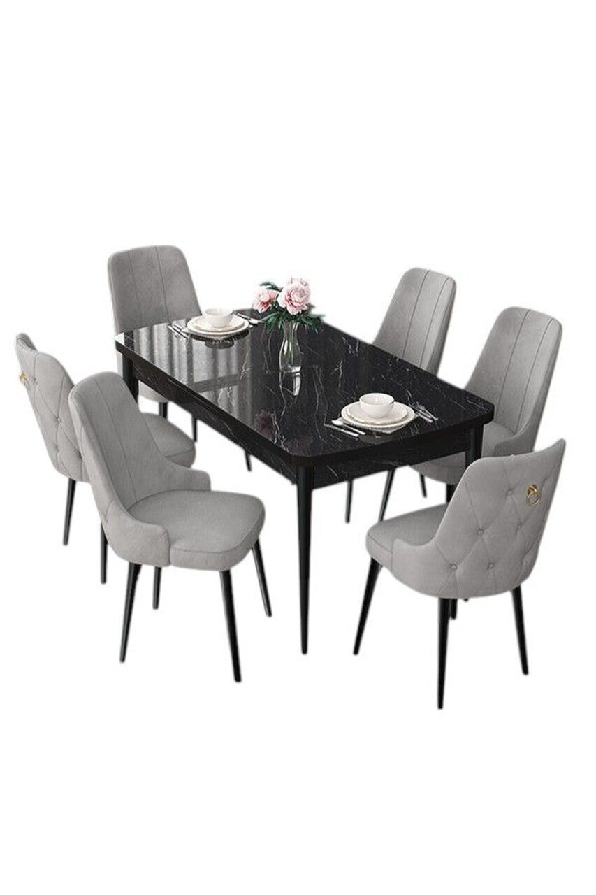 Set masa extensibila si scaune (7 piese), Hanah Home, Nex, Model de marmură neagră / Gri — imaginea 2