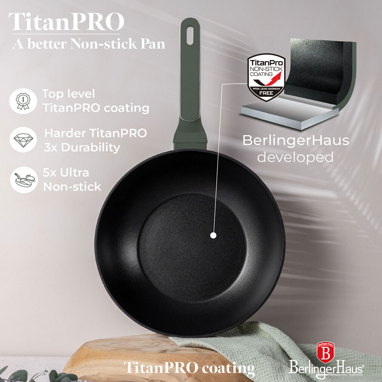 Tigaie Wok cu capac Berlinger Haus, Matte Green, 28 cm, 3.2 L, aluminiu forjat, verde mat - imagine 13