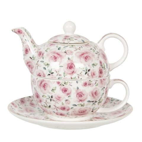 Ceainic cu ceasca si farfurie pink roses, clayre   eef, 400 ml / 250 ml, portelan