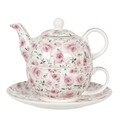 Ceainic cu ceasca si farfurie Pink Roses, Clayre & Eef, 400 ml / 250 ml, portelan