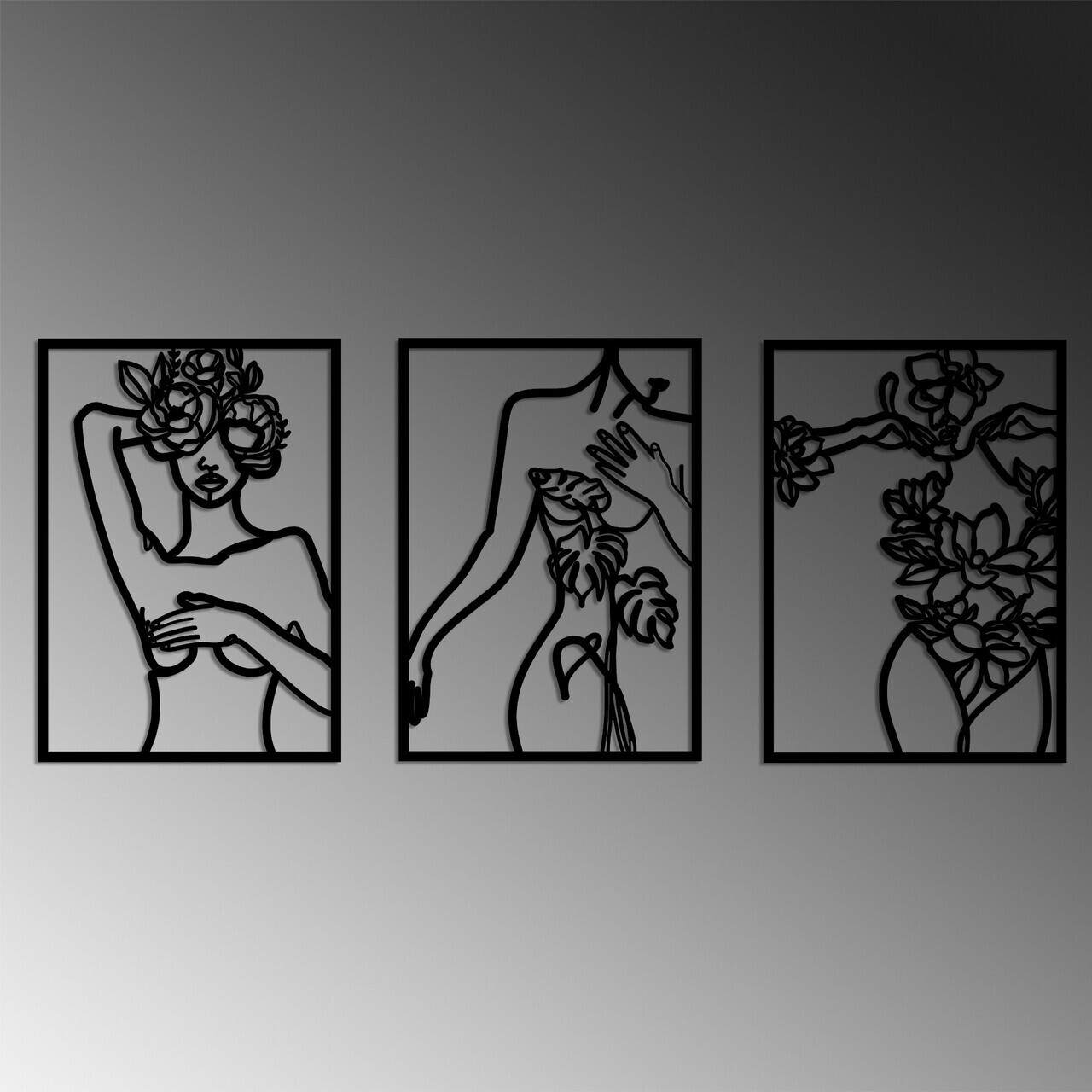 Decoratiune de perete, Metal Nude Women, 50 x 70 cm, 3 piese, Negru — imaginea 4