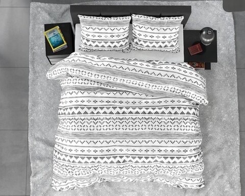 Lenjerie de pat pentru doua persoane, Satin Scandino White, Royal Textile, 3 piese, bumbac satinat, alb/gri